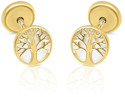 Pendientes de Oro Ley 9 Kilates Certificado para Niña o Mujer, Diseño Árbol de la Vida con Centro de Nácar Madre Perla, Medida 6.50 mm, Cierre de Rosca
