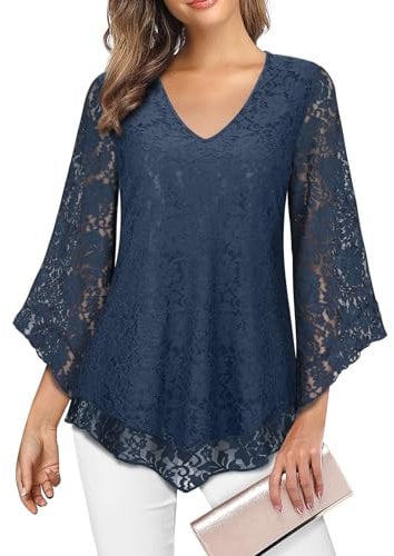 Gemulate Ladies 3/4 Bell Sleeve Top Blue Lace Top Ladies Evening Tops Womens Lace Long Sleeve Tops Plain V Neck T Shirts Loose Casual Blouse Dressy Tunic Shirt- Dark Blue, XXXL