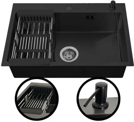 INGUZ | Fregadero Cocina 1 Seno | 60x45cm | Fregadero Acero Inoxidable Con Dispensador de Jabón, Sifón y Rebosadero | Para Encimera o Empotrado | Fregaderos Modernos Para Cocina | Negro