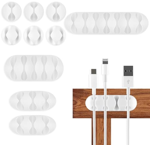 Cable Management, Cable Holder, Cable Clips, Cable Tidy Holder Clips, Cable Organisers, Silicone Self Adhesive for Charging Cable USB Mouse Wire PC, Office Home Cord - 10 Pcs White