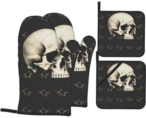 Ofenhandschuhe und Topflappen mit Totenkopf-Motiv, hitzebeständig, Küchenzubehör zum Kochen, Backen und Grillen
