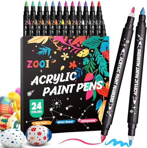 ZOOI 24 Colours Acrylic Paint Pens Marker Pens Colouring Pen, Acrylic Markers, Gifts for Teenage Girls Toys Age 5 6 7 8 9 10, Art Supplies, Arts and Crafts for Kids, Dual Tip Brush Pen