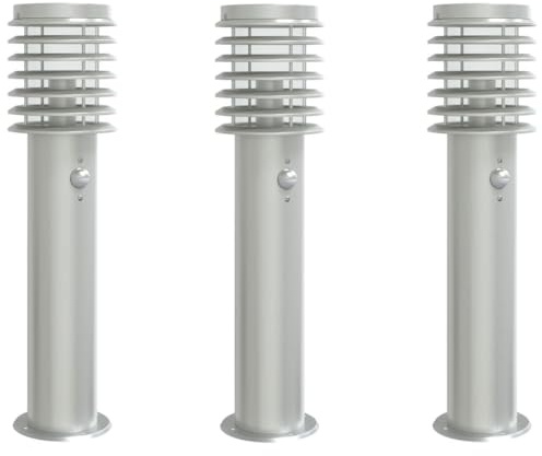 vidaXL Wegeleuchten mit Bewegungsmelder 3 Stk., Wegeleuchte mit IP44-Schutzart, Außenleuchte mit Diffusor, Standleuchte Gartenlampe, Silbern Edelstahl