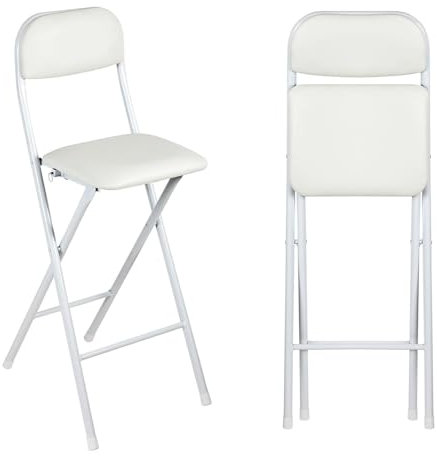 Sgabello Alto Pieghevole Imbottito 65cm con Schienale, Sedia da Bar Richiudibile 70cm con Poggiapiedi per Cucina, Ufficio, Negozio(White,70cm/28in)