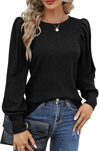 HOTOUCH Tops for Women Long Puff Sleeves Jumper Round Neck Lightweight Sweaters Autumn Winter Black M