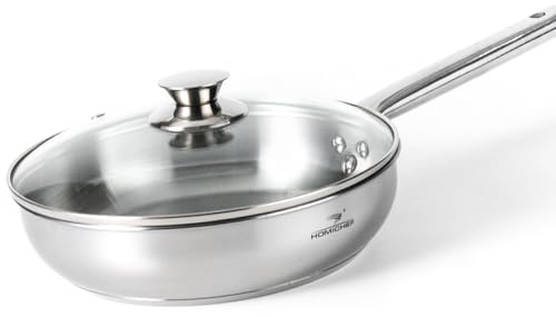 HOMICHEF Padella in acciaio inox senza nichel da 2,5 cm, adatta al forno a induzione, in acciaio inox lucidato a specchio, piccole padelle da 2,5 litri, atossiche