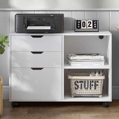 AuraCraft Aktenschrank,Rollcontainer,Büroschrank,Aufbewahrungsschrank aus Holz auf Rollen,Mit 3 Schubladen und 2 offenen Ablagen,79.5x40x62.5CM (Weiß)