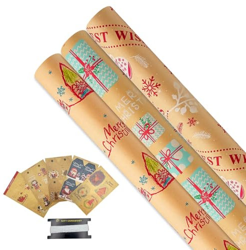 Rouleaux de papier cadeau Kraft, 3 rouleaux de 43 cm x 6 m, rouleau de papier cadeau de Noël avec étiquettes et ruban, convient pour Noël, anniversaire, fête, festival, décorations de cadeaux