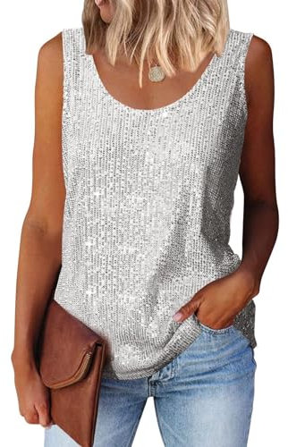 Suncife Damen Pailletten Oberteil Tank Glitzer Top Frauen Party Glitzertop, Silberweiß, XXL