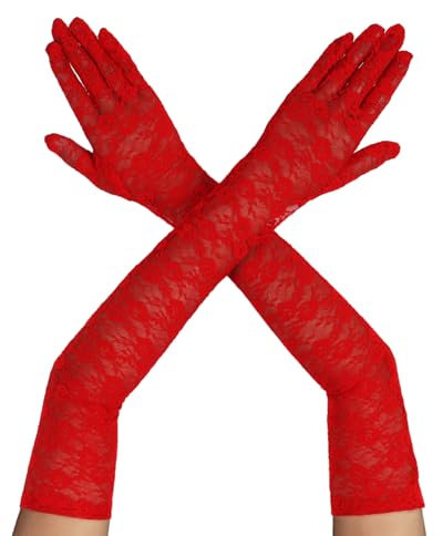 Yolev Lang Spitzenhandschuhe Damen Braut Handschuhe für Hochzeit Brauthandschuhe Abendessen Parteien Opernhandschuhe Braut Kostümhandschuhe Stretch Tee Party Handschuhe Netzhandschuhe(Rot)