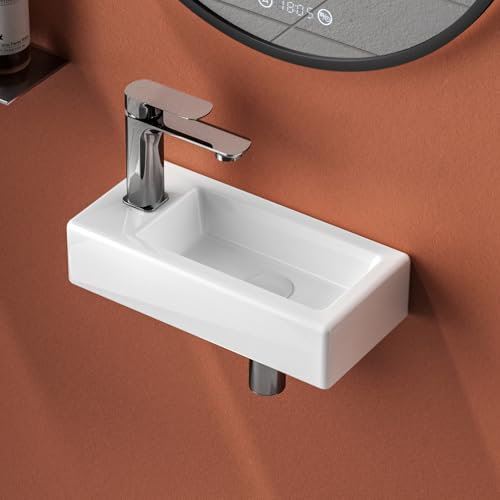 EMKE Lavabo Sospeso 365 x 180 x 90 mm – Lavabo Compatto ed Elegante per Piccoli Bagni e WC Ospiti –Rubinetto a sinistra, Installazione a Parete,Bianco Lucido