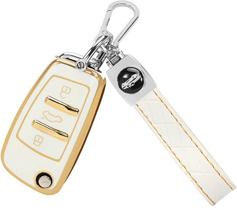 TOMALL Coque de clé Audi avec porte-clés, coque de clé à rabat à 3 boutons en TPU souple, compatible avec Audi A1 A3 A4 A6 A8 Quattro Q3 Q7 S3 S6 RS3 RS6 R8 TT TTS, blanc