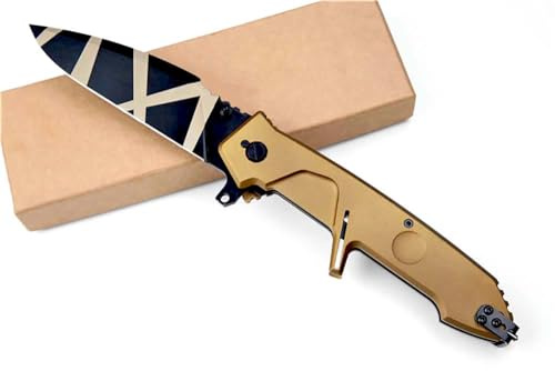 Outdoor Messer Survival Taschenmesser Tragbar Aus Edelstahl N690, Gold Streifen Klappmesser Slim, Camper Jagdmesser Robust Scharfes Einhandmesser, Lang Allzweckmesser Gegen EDC Messer mit Taschenclip