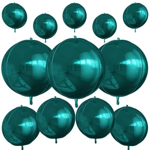 12Pcs Dark Green Round Foil Balloons, 22 15 10 4D Helium Ball Balloon, Metallic Green Foil Balloon for Birthday Graduation Wedding Anniversary New Year Eve Disco Prom Party Decorations