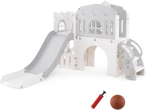 DREAMADE 9 en 1 Toboggan Enfant, Toboggan en Forme de L avec Panier de Basket, Télescope, Volant, Allée, Tunnel et Espace de Rangement, Aire de Jeux Intérieur pour Bébés 1 an+ (Gris)