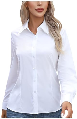 Ladies White Blouse Long Sleeve Button Down Shirts for Women Plain Basic Elegant Collar Blouse Tops Classic Fit Dress Shirt for Work Office Business