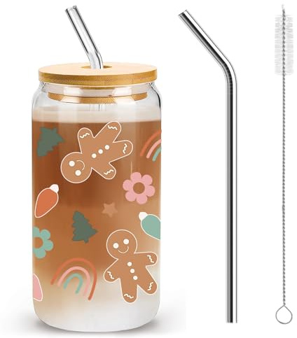 Nymora Weihnachtsgläser Lebkuchenmann Glas, 500ml Gläser Weihnachten mit Deckel & Stroh, Lebkuchenmann Glas Geschenk Weihnachtskaffee