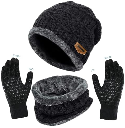 XILEPINGAN Wintermütze Schal Touchscreen Handschuhe Set - Unisex Beanie Strickmütze Winterschal Thermo Handschuhe,Wintermütze Strickmütze Schlauchschal Strickhandschuhe mit Fleece Gefütterte (Schwarz)