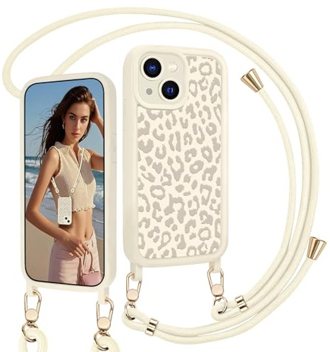 AICISINGN Handyhülle für iPhone 14 Hülle mit Band,Weiß Leopard Muster Schutzhülle mit Handyband Hülle Abnehmbar Kordel Handykette zum Umhängen Stoßfeste Kameraschutz Case für iPhone 14 Weiß,06