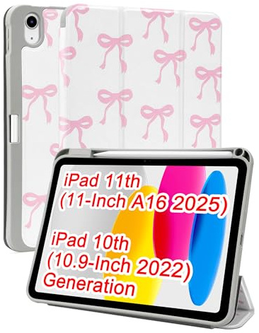 Jusy Hülle für iPad 11. Generation (2025, A16) & iPad 10. Generation (2022) – Schutzhülle mit Stifthalter, Dreifach Faltbarer Stand, Soft-TPU Gehäuse, Ästhetisches Bow-Design, Rosa