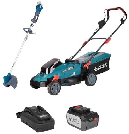 K&S Könner&Söhnen Set für akkubetriebene Gartengeräte zur Rasenpflege KS 33LM-BCT20V-SET 20V Trimmer und akku Rasenmäher (5 Positionen) für die Rasenpflege, Ladegerät + 4Ah Akku als Geschenk