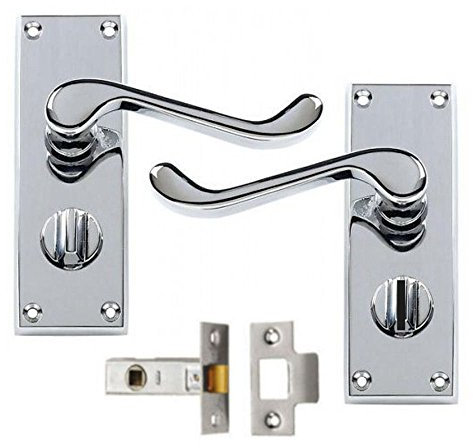 Premium Victorian Scroll Polished Chrome Door Handle Privacy Pack 115mm +64mm Latch