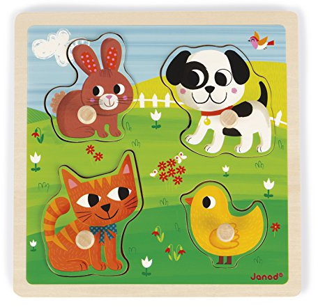 Janod Tast-Puzzle aus Holz, Meine ersten Tiere, 4 Teile, Kinder-Puzzle mit Knöpfen, Lern- und Tastspiel, Tastsinn, Feinmotorik und Konzentration, ab 12 Monaten, J07080