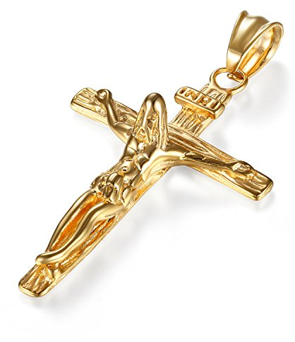 JewelryWe Schmuck Herren Halskette Edelstahl Retro Jesus Christus Kruzifix Kreuz Anhänger mit 55cm Kette Geschenk für Männer Gold