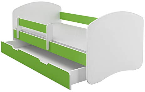 ACMA Kinderbett Jugendbett mit Einer Schublade und Matratze Weiß II (180x80 cm + Schublade, Grün)