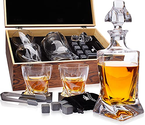 Coffret Whisky Cadeau – Verres, Carafe, Glacon Pierre Reutilisable, Dessous de Verre, Pinces à Glace, Boîte en Bois, Cartes Recettes, Sac en Velours – Service a Whisky pour Homme de Royal Reserve