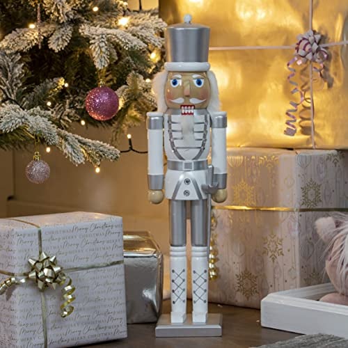 The Christmas Workshop 71049 Nussknacker Soldat Holz 50cm hoch weiß Silber Weihnachtsdeko