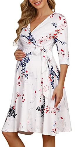 KOJOOIN Robe de maternité Femme Robe de Grossesse pour Femme Enceinte Robe d'allaitement col V Manches Longues avec Ceinture,fleurs02,XL