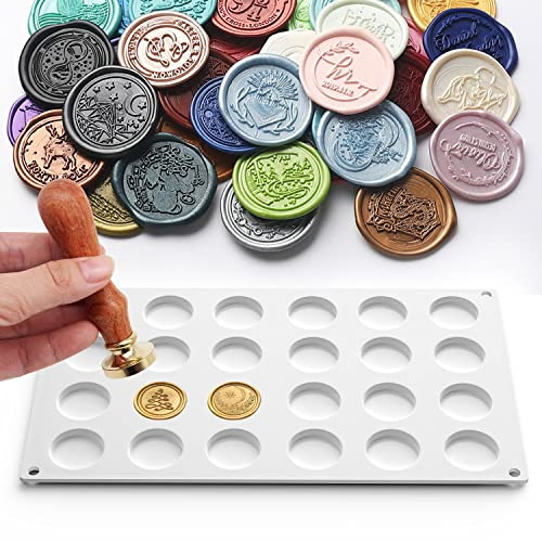 Silikonmatte für Wachssiegelstempel, 24 Mulden, Wachssiegelmatte Pad mit 50 Stück abnehmbaren, doppelseitigen Klebepunkten für Bastelarbeiten, Klebstoff, Wachsen, Siegelwachs, Siegelstempel, Aufkleber