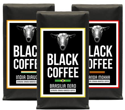 Black Coffee - Kaffeebohnen Probierset - 3x 400g - ganze Bohnen - sortenreiner Röstkaffee - Starker Kaffee - sehr dunkle Trommelröstung in Minichargen - Hoher Koffeingehalt