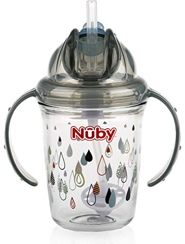 Nuby Tritan No Spill Flip N' Sip Twin Handle Printed Cup with 360 Weighted Straw (Gray, Tie Rain)