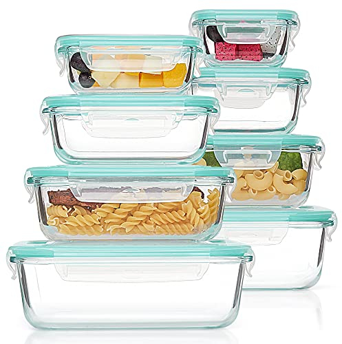 Vtopmart Set de 8 Unidades Recipientes de Cristal para Alimentos, Recipientes de Vidrio Hermeticos con Tapa, Reutilizables, Apilables, Apto Lavavajillas y Microondas,Libre de BPA