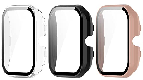 Chofit Fundas compatibles con Amazfit GTS 4 Mini Protector de pantalla, Funda protectora de PC HD Película de cristal templado para GTS 4 Mini Smart Watch (Negro+Blanco+Rosa)