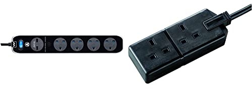 Masterplug SRGLSU42PB-MP Four Socket Switched Inline Power Surge Protected Extension Lead, 2 Metres, Gloss Black & EXS1324B-01 Heavy Duty Two Socket Extension Lead, 4 Metre, Black