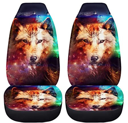 chaqlin Frauen Universal Auto Sitzbezüge Set mit 3D Bunte Wolf Print Fahrzeug Bucket Seat Cover Set von 2 Pcs Universal Auto Vordersitz Kissen Protector