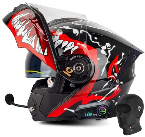 DXDRT Eingebautes Bluetooth Modularer Motorradhelm, Flip Up Front Full Face Helm Dual Visor Hands-Free Call Dual Lautsprecher Mit Mikrofon Für Erwachsene Männer Frauen,Venom,L