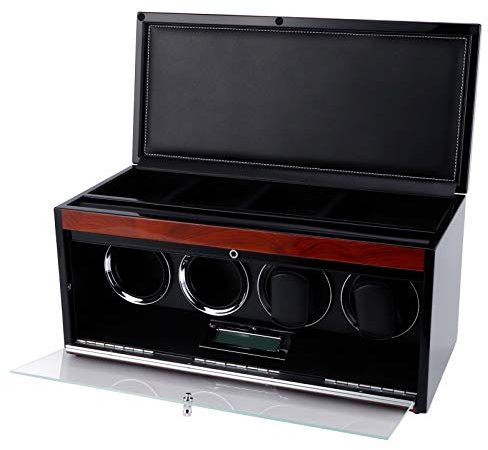 Haofy Automatischer Uhrenbeweger für 4 Uhren, Stummgeschaltete Mechanische Armbanduhr-Ausstellungsbox mit Zusätzlichen 4 Uhrenfächern, LED-Beleuchtung, Geräuschloser Motor, Flexibles