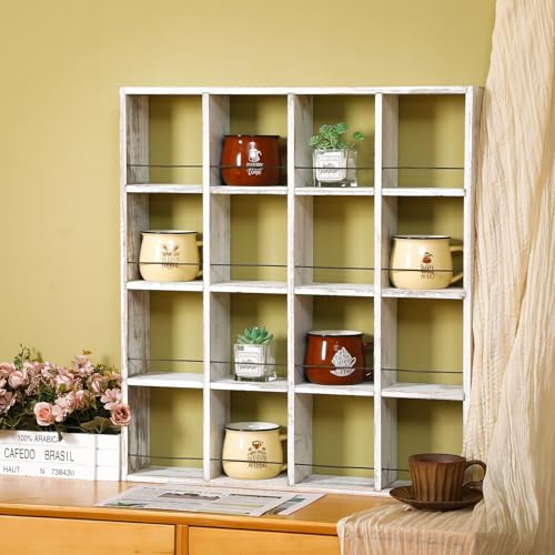 Kigley Übergroße Kaffeetassen-Präsentationsregal, Holzregale, rustikale Schnapsglas-Vitrine, Reisebecher-Regal, Wandmontage, Schattenbox, 4 x 4 (Rustic White)