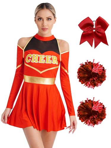 Jowowha Damen Cheer Leader Kostüm Cheerleading Kleid mit Pompoms Haarband Tanzkleid Halloween Karneval Fasching Partykleid Rot L