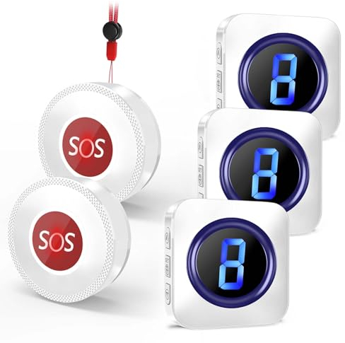 Notrufknopf für Senioren Wasserdicht Alarm Hausnotruf, Ältere Panikalarm Caregiver Pager Funkklingel 2 SOS Sender, 300m Reichweite, 55 Melodien, 5 Lautstärkestufen (3 Empfänger + 2 Sender)