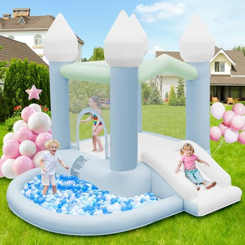 FBSPORT Blue Bouncy Castle with Slide Ball Pit and Trampoline Inflatable Bounce House with Air Blower for Kids Toddler Indoor Outdoor Garden Park Backyard Party Wedding Birthday Gifts