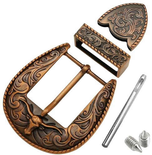 Yjfeshion Western-Ersatz-Gürtelschnallen, 38 mm, LongHorn Bull, Einzelzinken-Schnalle, Cowboy-Rodeo-Gürtel, Zubehör für Männer und Frauen, 3 Stück, Rotes Kupfer, L