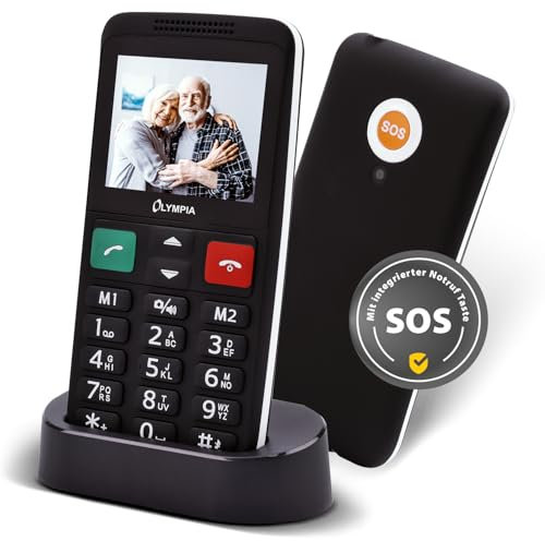 Olympia Mobiltelefon LUX | Komfort-Mobiltelefon mit Großtasten | Farb-Display | SOS-Taste | Seniorenhandy ohne Vertrag | Dual SIM, MicroSD-Slot, Bluetooth | Taschenlampe | inkl. Ladeschale | Schwarz