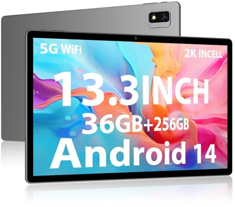 PIXPEAK 2K Tableta 13,3 pulgadas, 5G WiFi Tablet, INCELL 2000*1200, 11580mAh/carga rápida, 36GB RAM, 256GB ROM (2TB Ampliable), Android 14.0 Octa-Core 2.0GHz, 13MP+8MP, Tabletas con GPS/Bluetooth-Grey