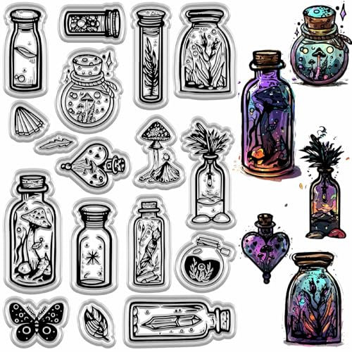 craspire Magic Bottle Transparent Stamps Retro Pilz Schmetterling Blatt Gras Probe Silikonstempel Versiegelung Wiederverwendbare Transparente Stempel Für Kartenherstellung Fotoalbum Journaling