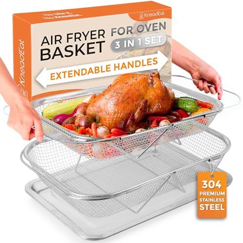 KneadEat Air Fryer Basket for Oven Set (3-Piece), Extendable Handles, 304 Stainless Steel Crisper Tray & Baskets for Convection Oven, Large & Medium Air Fryer Pans, Dishwasher Safe